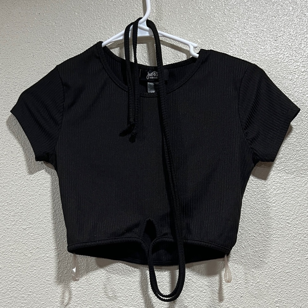 Just Fab Black Ribbed Crop Top with Drawstring